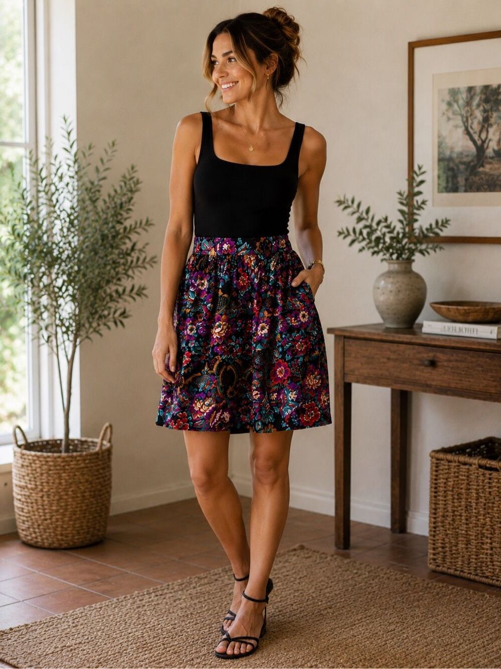 Vintage Black Multicolor Floral Paisley Pleated Mini Skirt Size 8